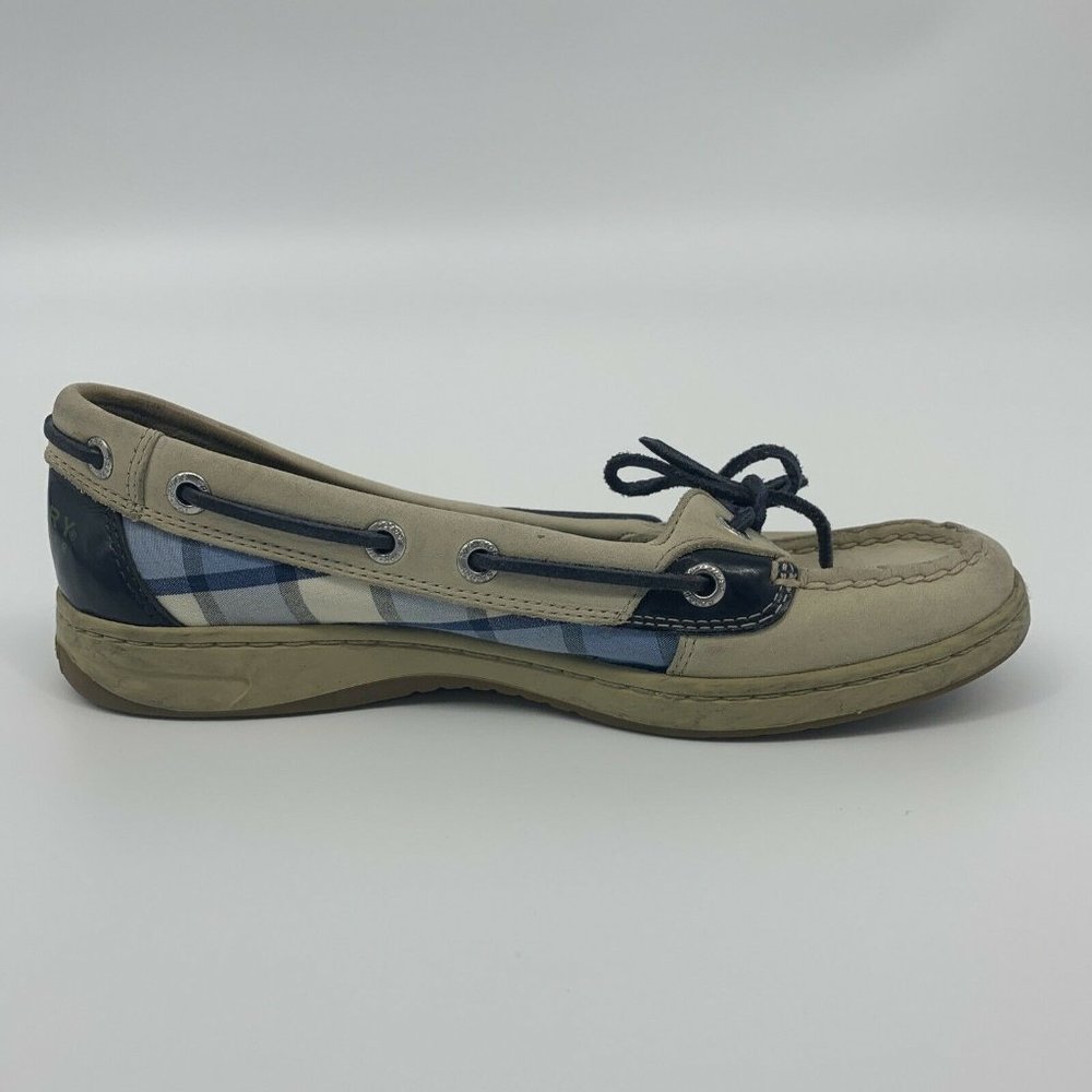 Women's Sperry Top Sider Boat Shoes Beige Blue Plaid Leather Size 6.5 M 9102989
